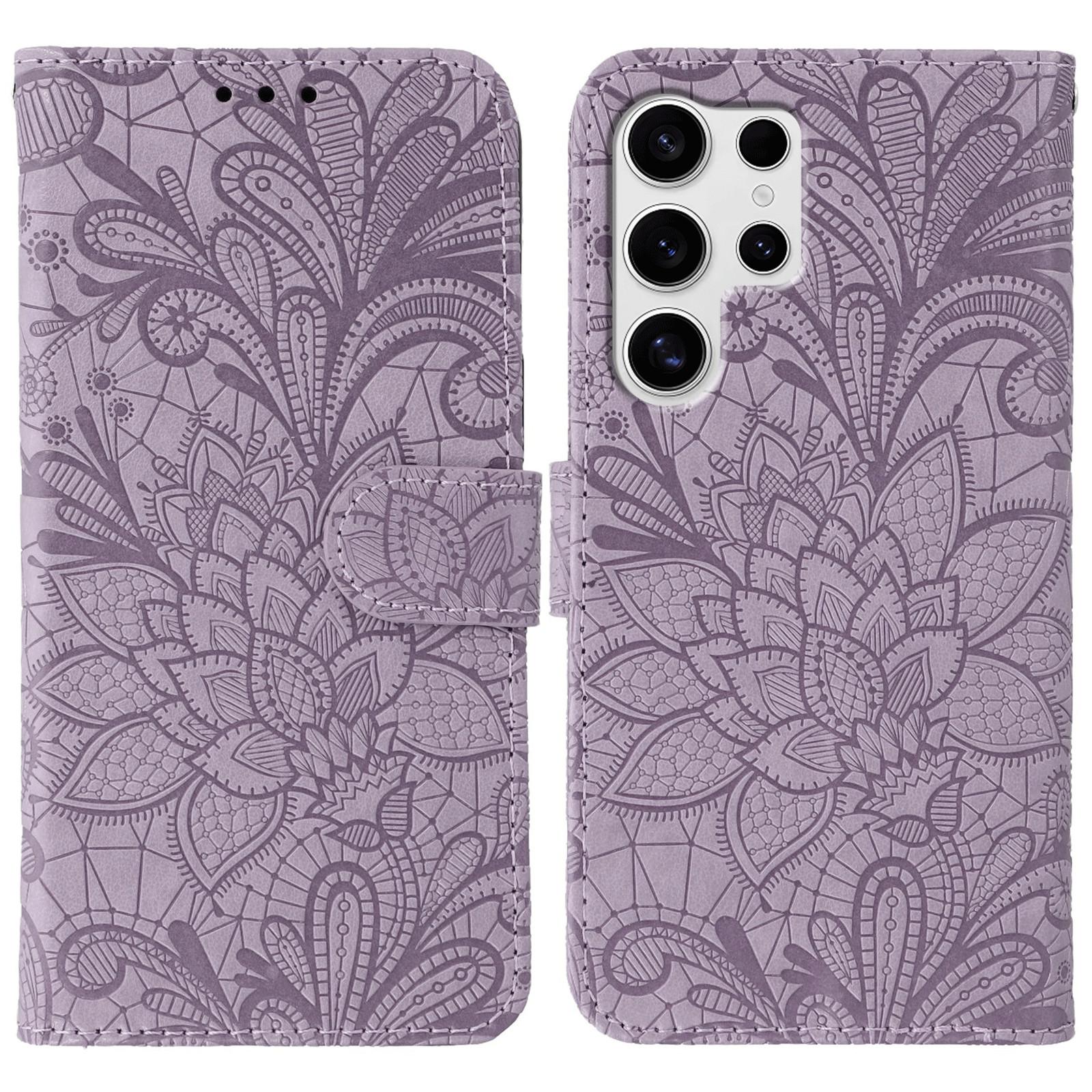 

For Samsung Galaxy S25 Ultra Case Lace Flowers PU Leather Flip Wallet Phone Cover Purple