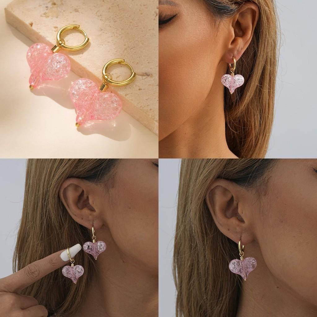 Fashionable Pink Heart Hoop Earrings For Women 2023 Winter Collection Electroplated Alloy