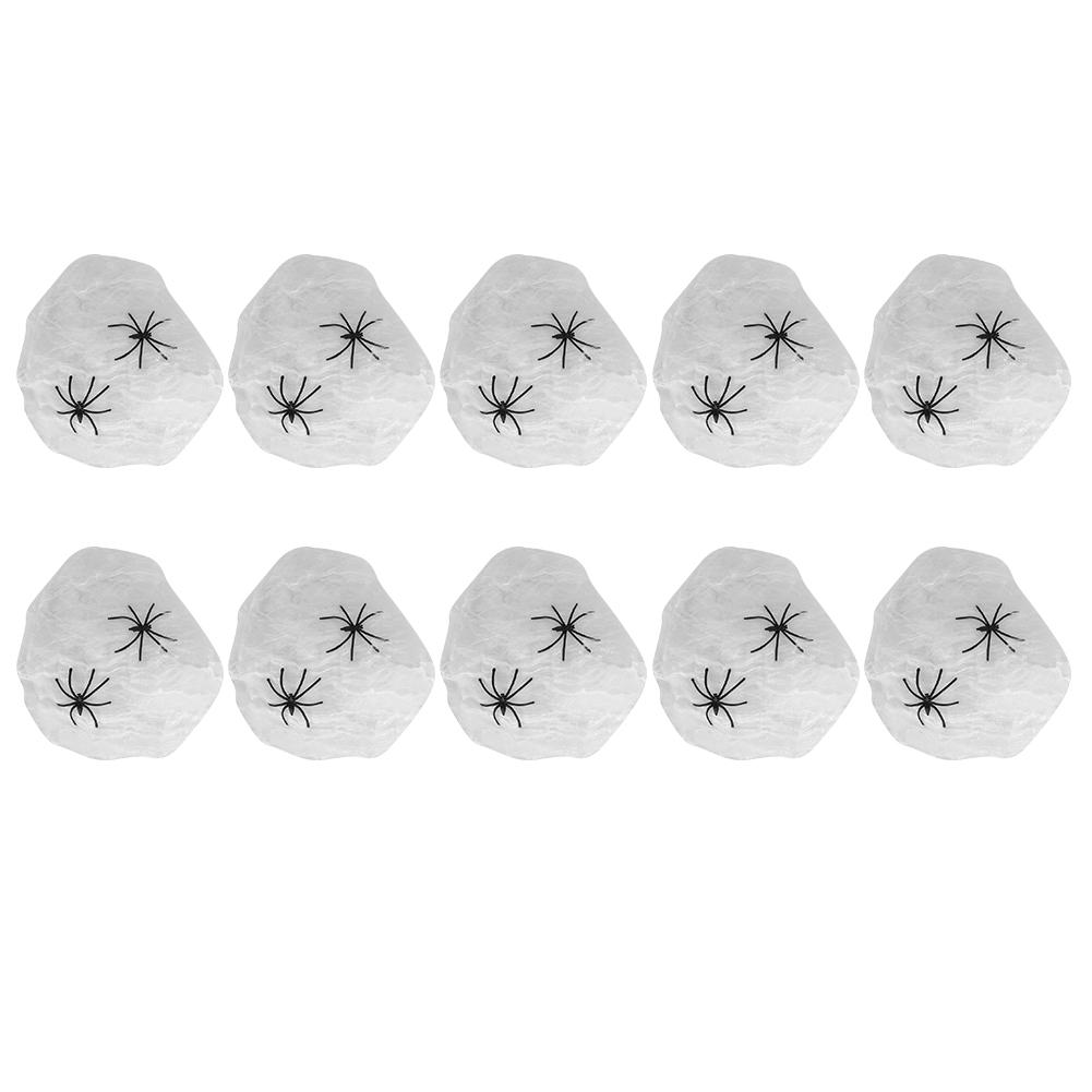 10Bags Spiders Webs Cobweb Halloween Decorations Bar Haunted House KTV Scene Props(White 2 Fake Spiders )