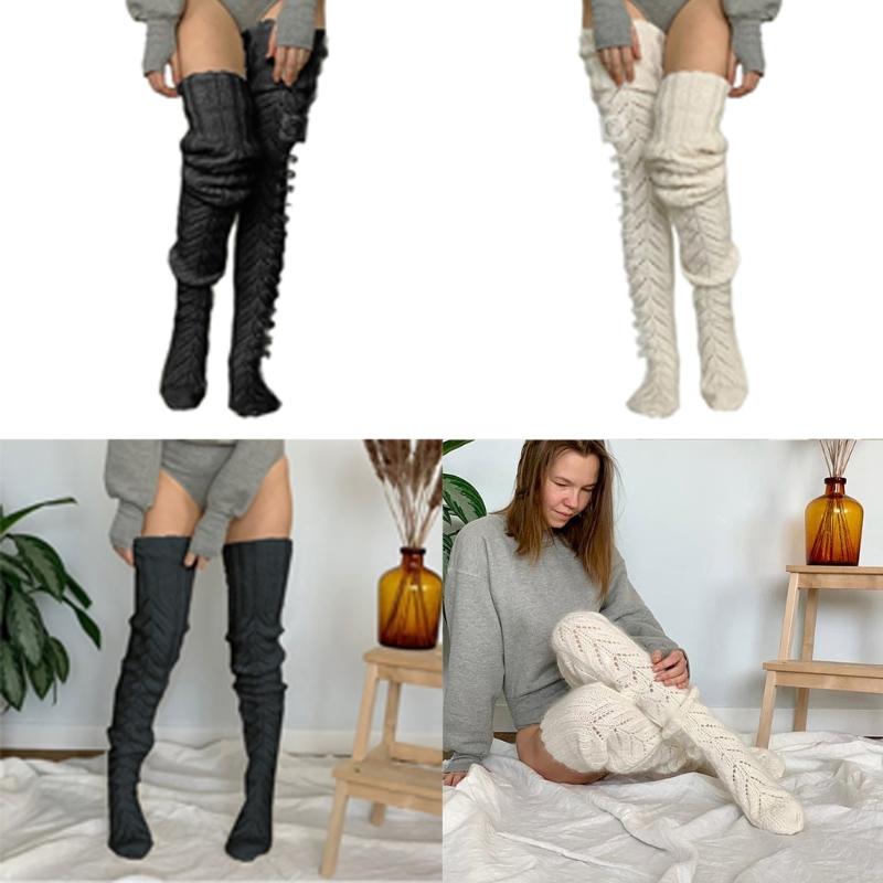 Hollowed Out Knitted Over Knee Long Socks for Women Winter Fall Thigh High Stockings Solid Color Thermal Long Leg Warmer