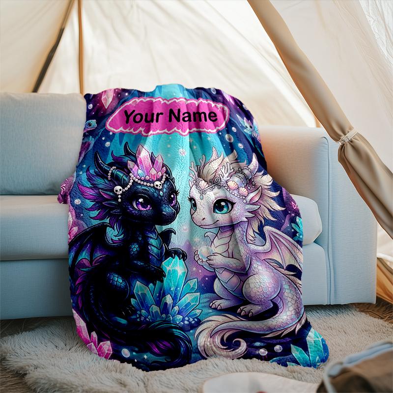 1PC Custom Name Fantasy Dragon Friends flannel blanket versatile,all-season throw suitable for the living room,bedroom,camping,travel,and gift