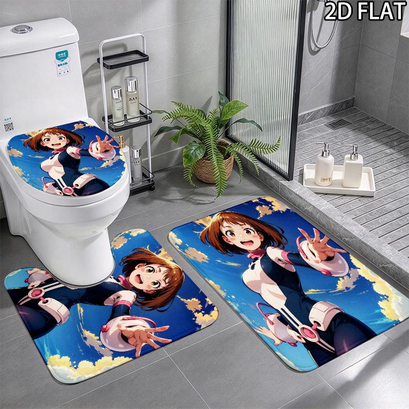 3pcs Ochaco Uraraka Pattern Flannel Nonslip Absorbent Washable Decorative Bathroom Home Toilet Seat Cover Mat