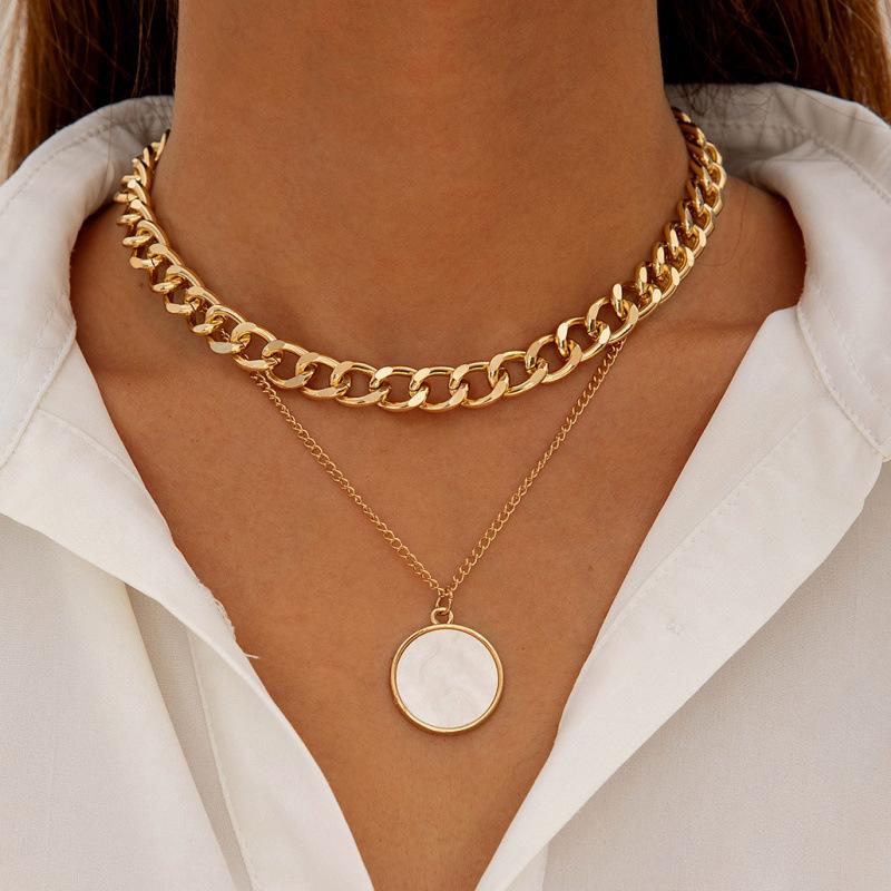 

Double Geometric Round White Fritillary Pendant Neck Chain Necklace Personality Design Clavicle Chain Female