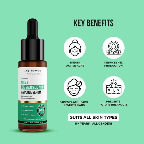 Dr. Sheth's Neem & Salicylic Acid Serum For Active Acne,Blackheads & Open Pores|2% Salicylic Acid & 1% Niacinamide| Acne-Prone Skin|30Ml