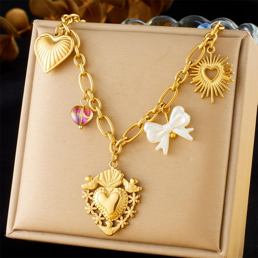 Vintage Love Heart Pearl Choker Necklace Pink Floral Gem Round Pendant Layered Sweater Chain Fashion Jewelry