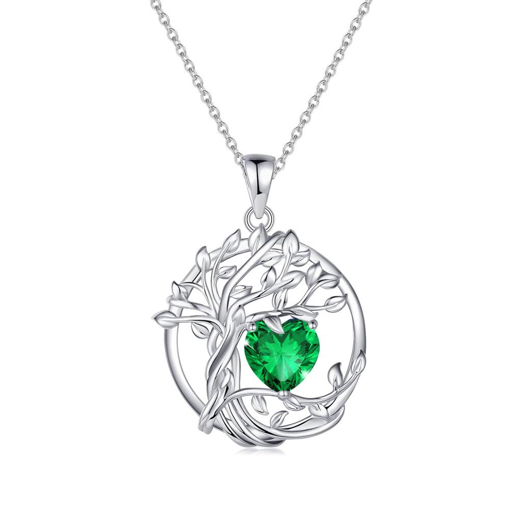 AGVANA Emerald Necklace with May Tree of Life Silver Gift Wrapping Included Women's Birthstone, Motif, Platinum-Plated 925, Amulet, Jewelry,