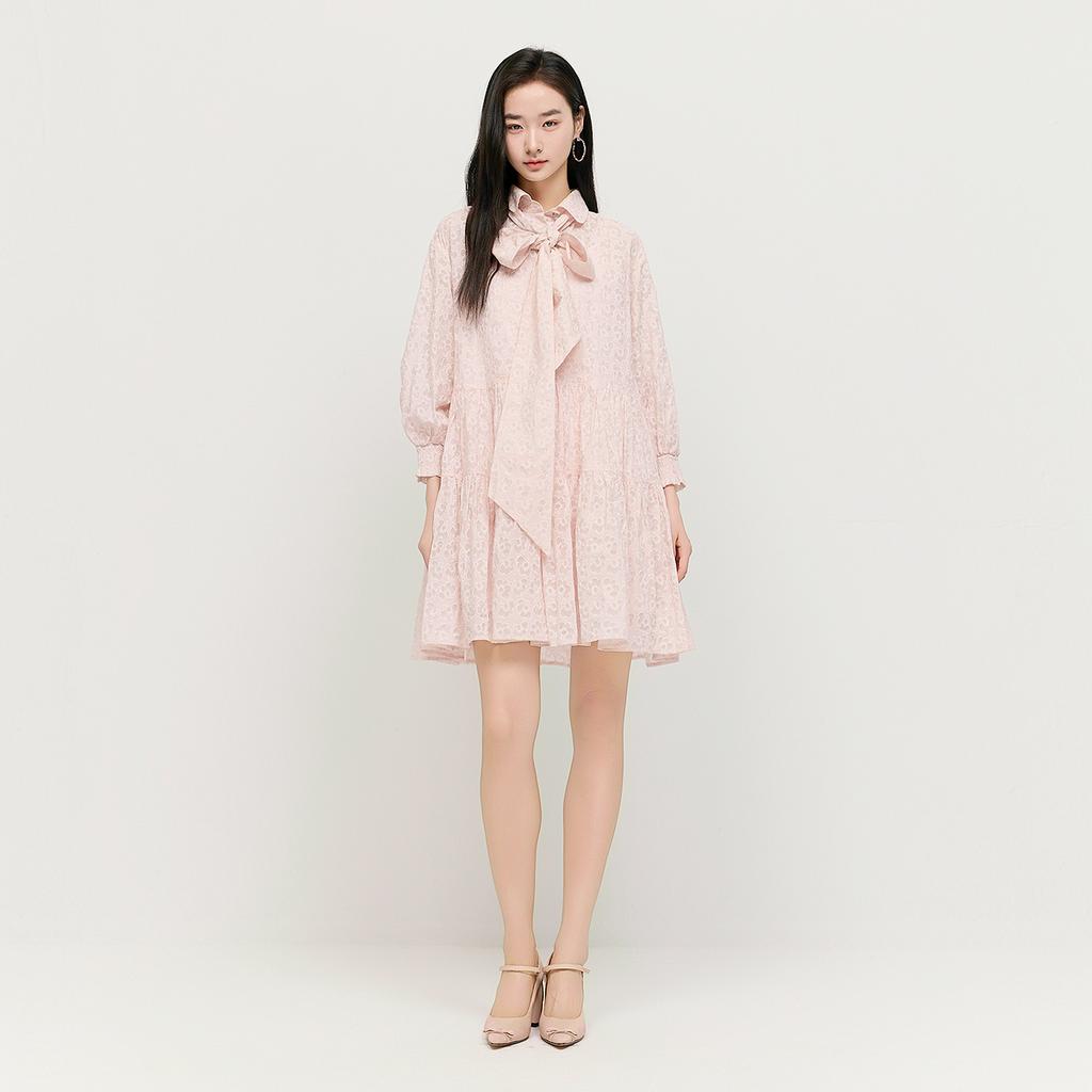 Exquisite and Elegant Three-dimensional Crabapple Flower Long-sleeved Dress with Tie Bow and Lapel, Cute and Age Reducing Short Cake Skirt