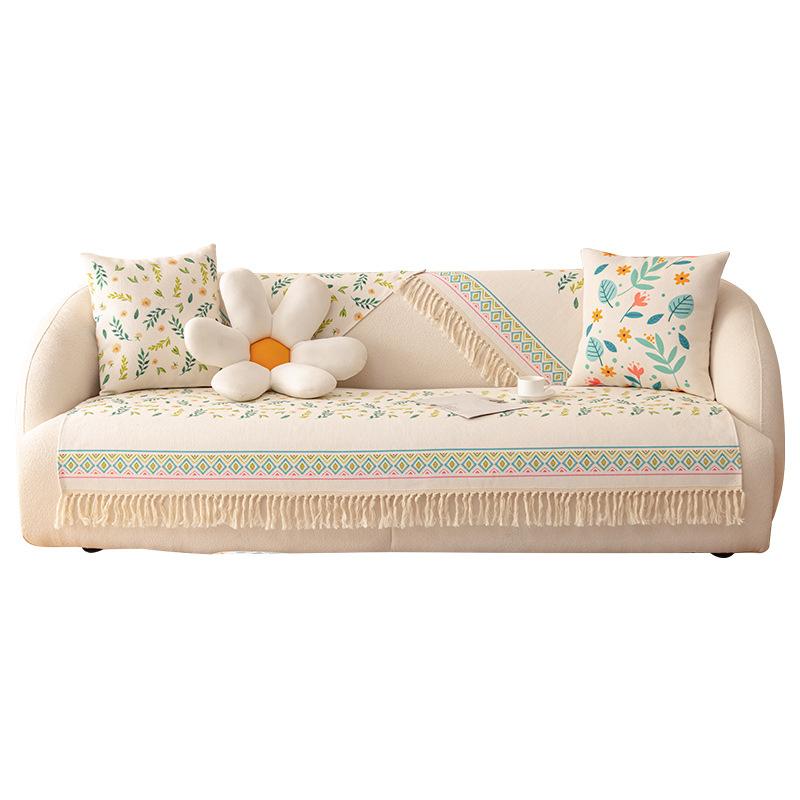 Cotton And Linen Sofa Cushion, Universal Non-Slip Seat Cushion For All Seasons, Old Coarse Cloth, Ethnic Style Fringed Sofa Cover Cover Cloth