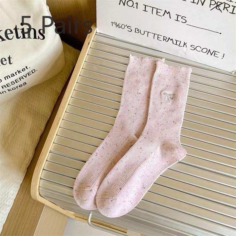 5 Pairs of Sweet Female Bow Embroidered Casual Mid Calf Socks