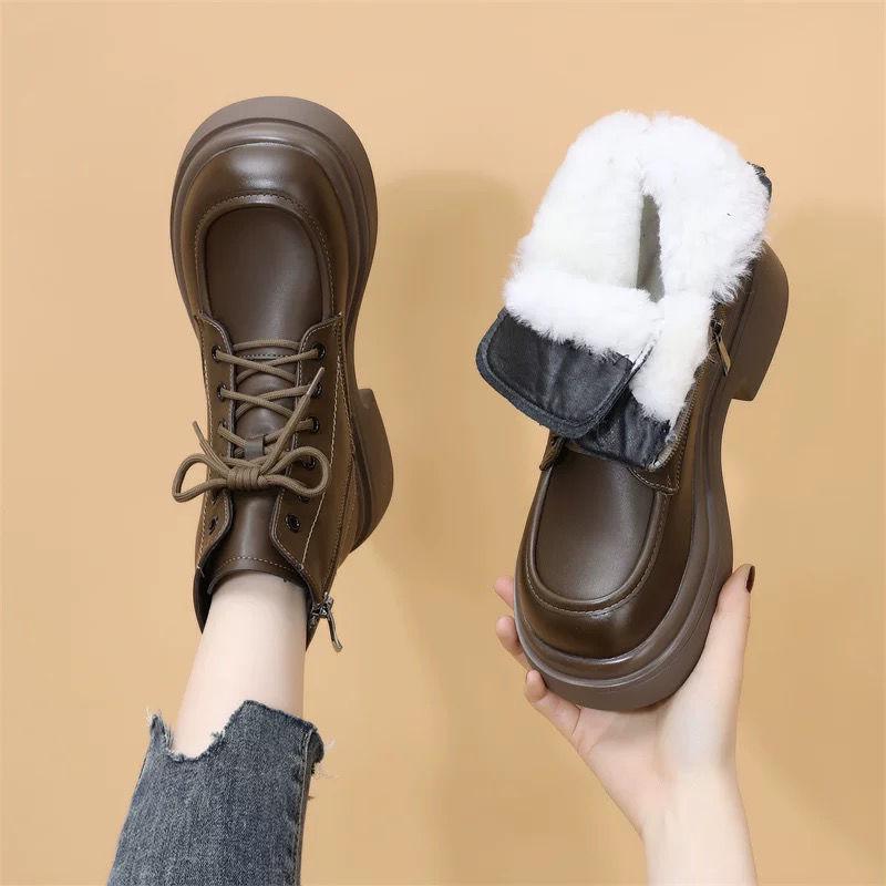 Women's Autumn/Winter Soft Leather Martin Boots, British Style, Mid Heel, Plus Cotton, Thick Sole, Versatile Ankle Boots