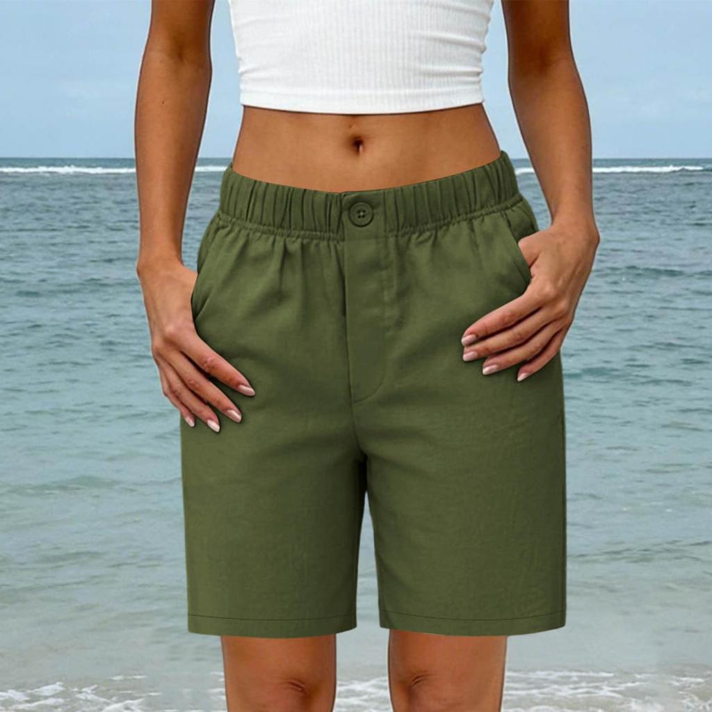 Women's Summer Fashion Elastic Waist Cotton Linen Five Quarter Pants Casual Loose Pocket Shorts