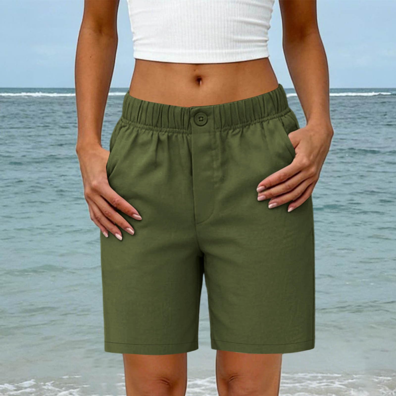 

Women s Summer Fashion Elastic Waist Cotton Linen Five Quarter Pants Casual Loose Pocket Shorts L
