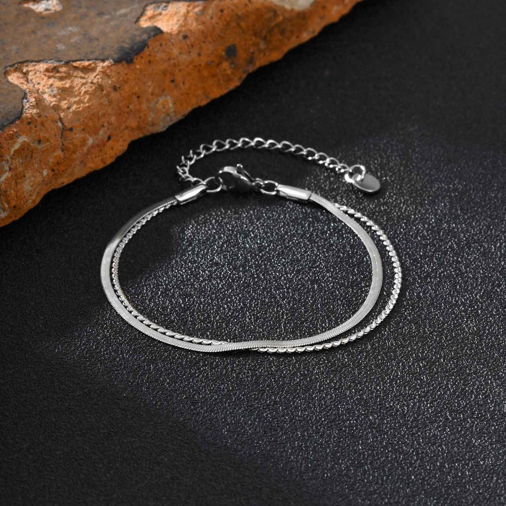 Hip Hop Double Layer Stainless Steel Bracelet, Silver Color Layered Snake Chain Bracelet for Men, Fashion Waterproof Jewelry