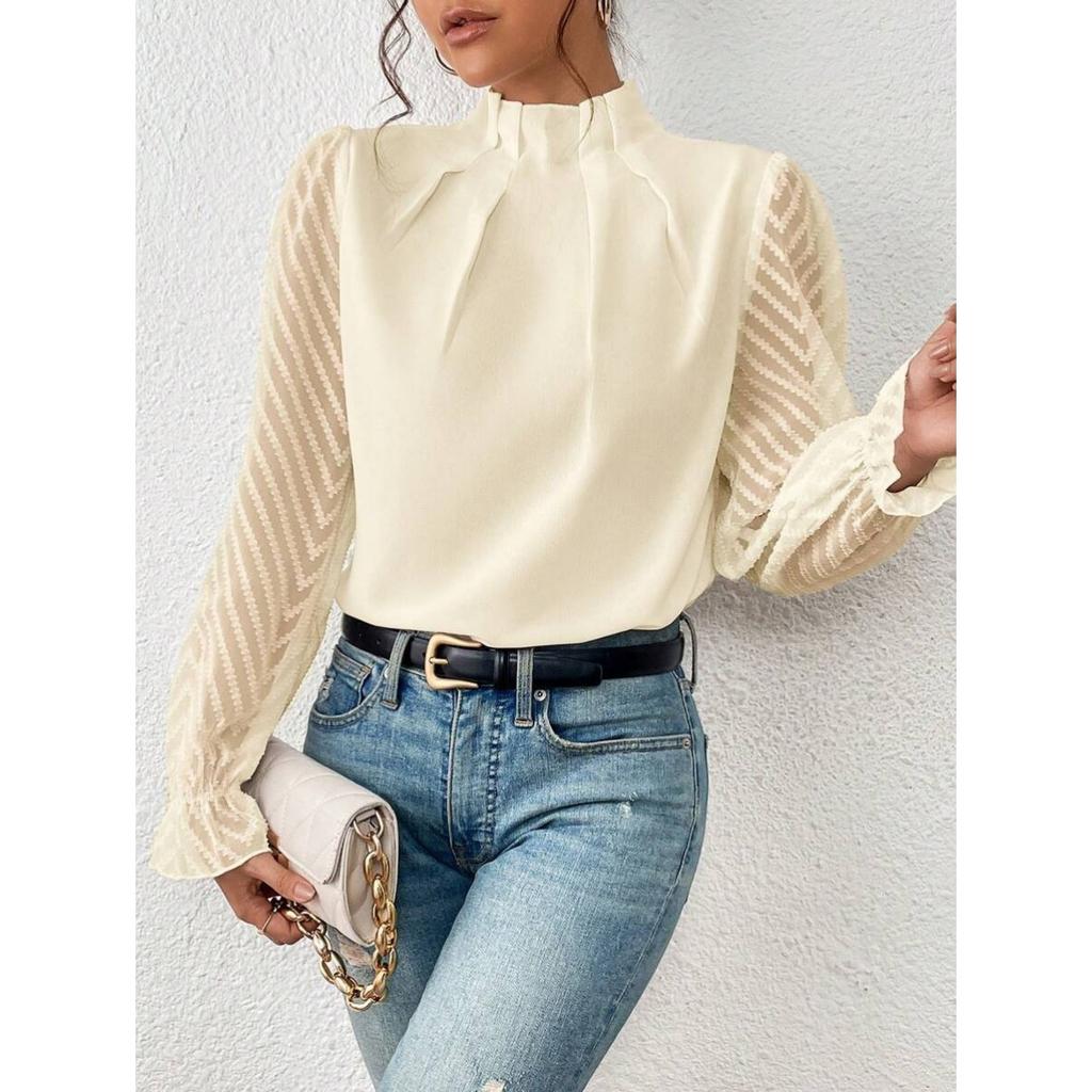 Fall Winter Women's Half Turtleneck Patchwork Wavy Chiffon Long Sleeve Top, European American Style Crossborder Women's Clothing