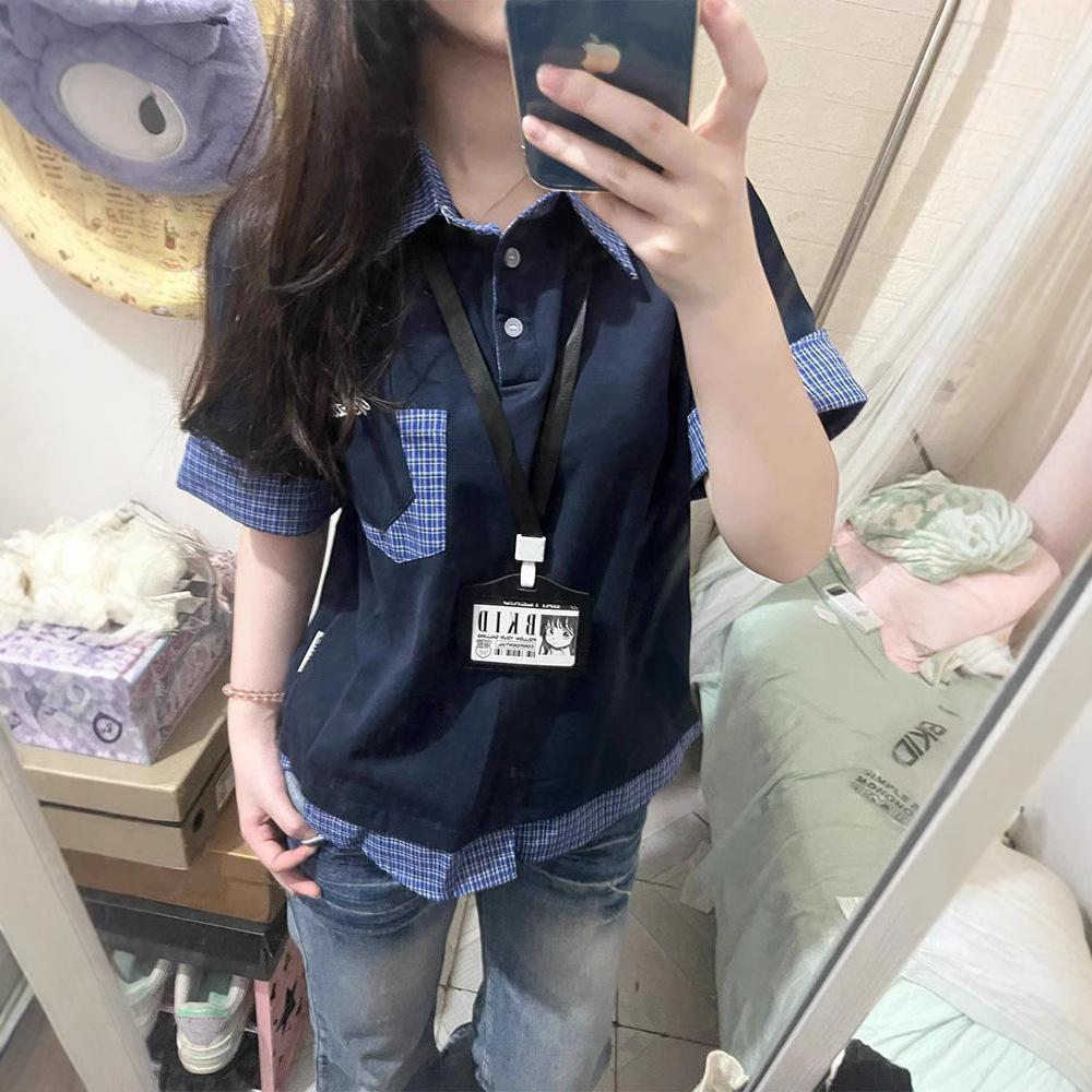 

2025 Summer American Retro Plaid College-Style Double Collar Gingham Color Block Shirt M темно-синього кольору