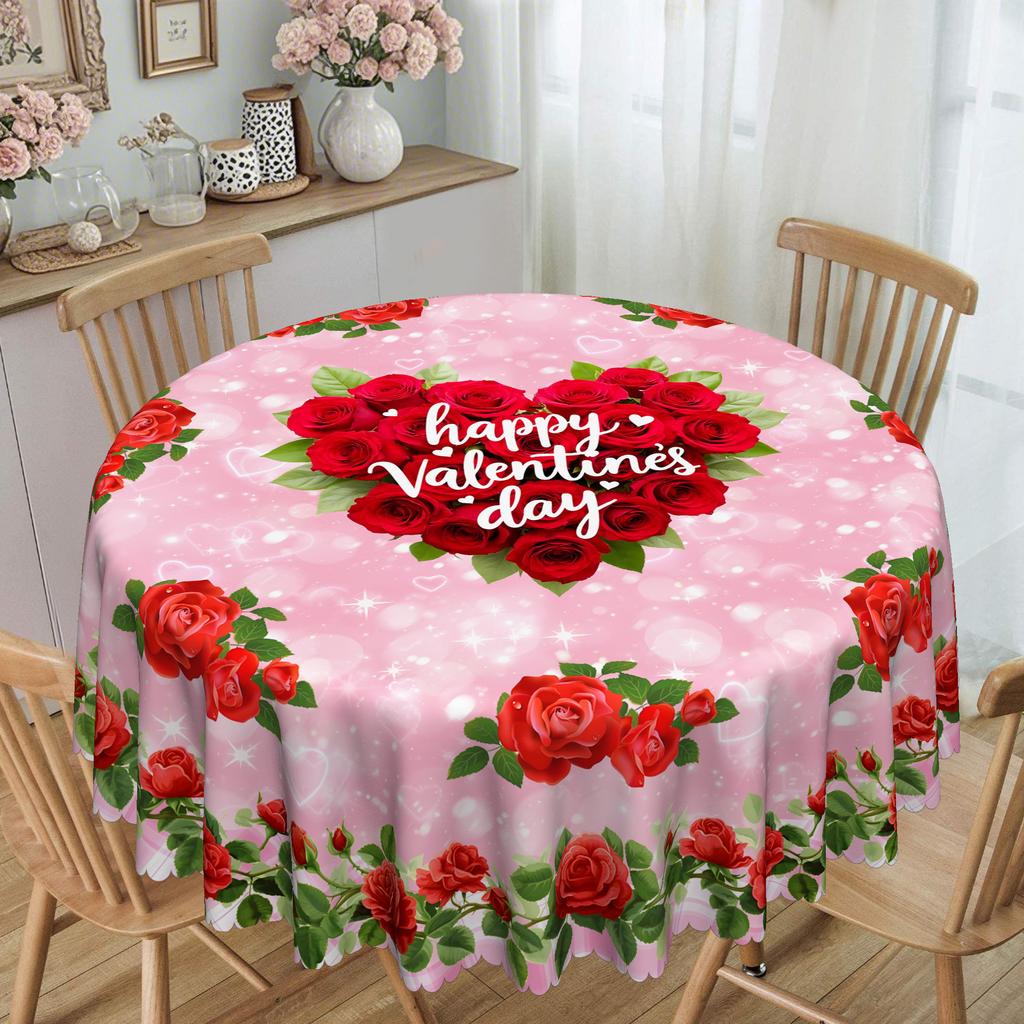 Pink Rose Love Happy Valentine'S Day Round Tablecloth, Valentine'S Day Square Tablecloth