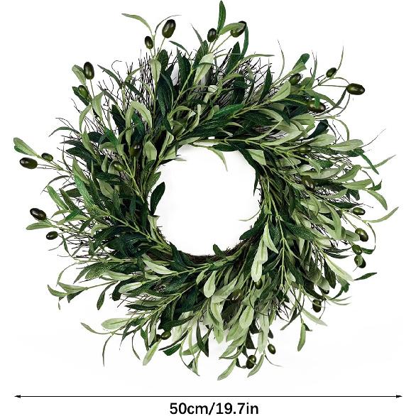 Artificial Olive Leaf Wreath for Front Door, 20 Inch Green Olive Wreath with Olive Leaves and Olive Bean, Greenery Wreath for Home Wall Window