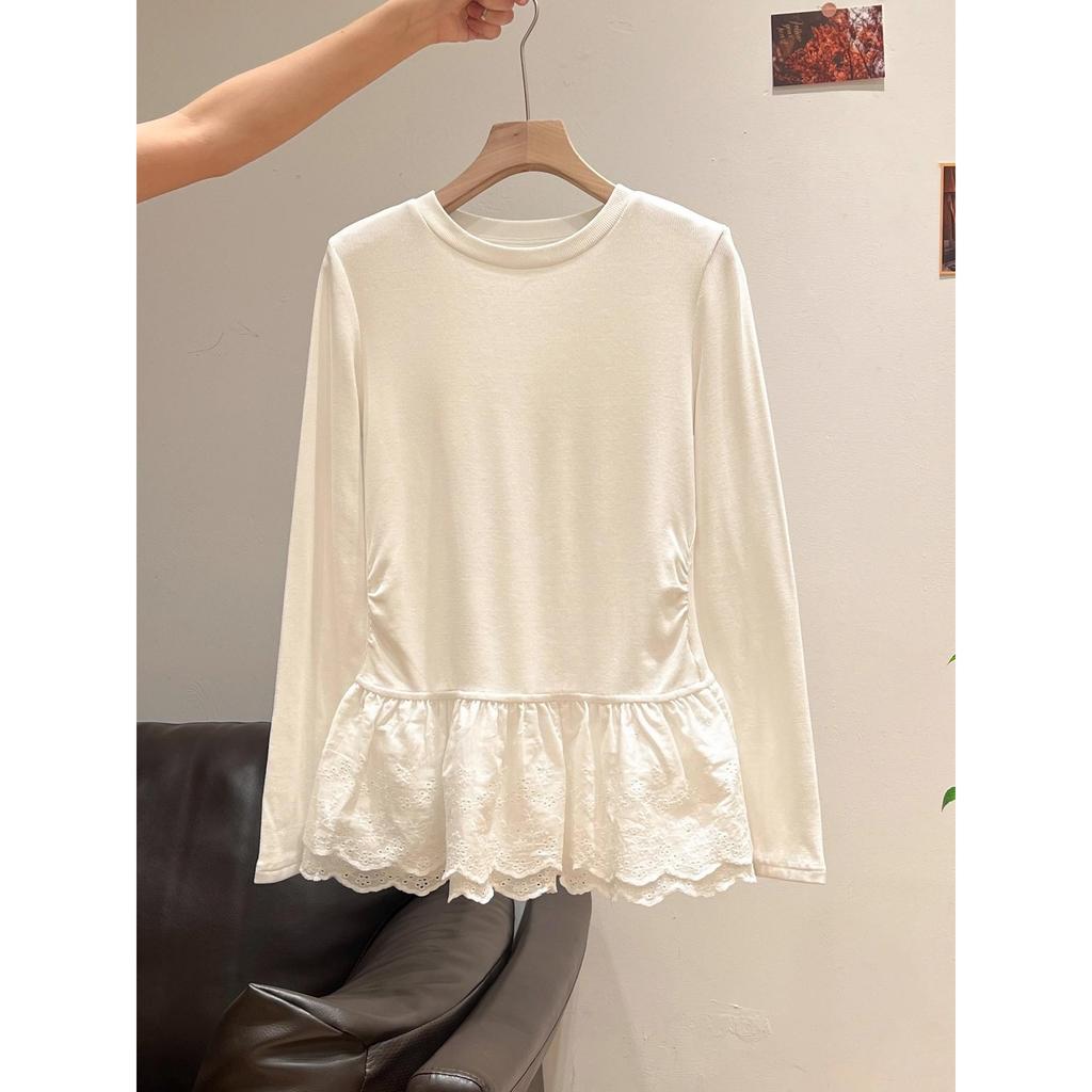 Women's Long Sleeve Lace Trim Ballet Neck Top
