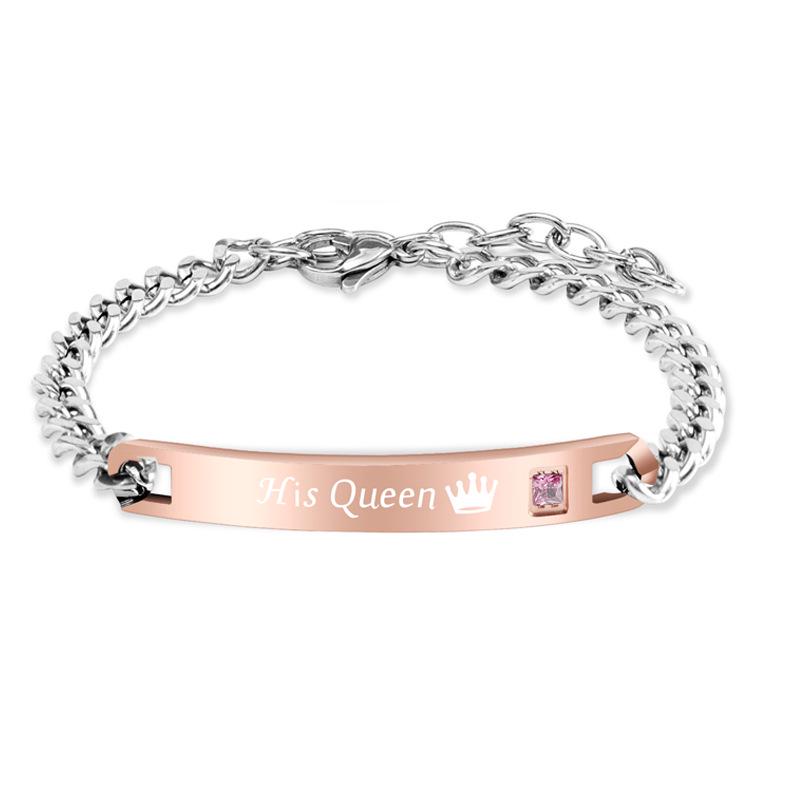 Crown Heart Zirconia Engravable Titanium Steel Couple Bracelet - Valentine's Day Gift