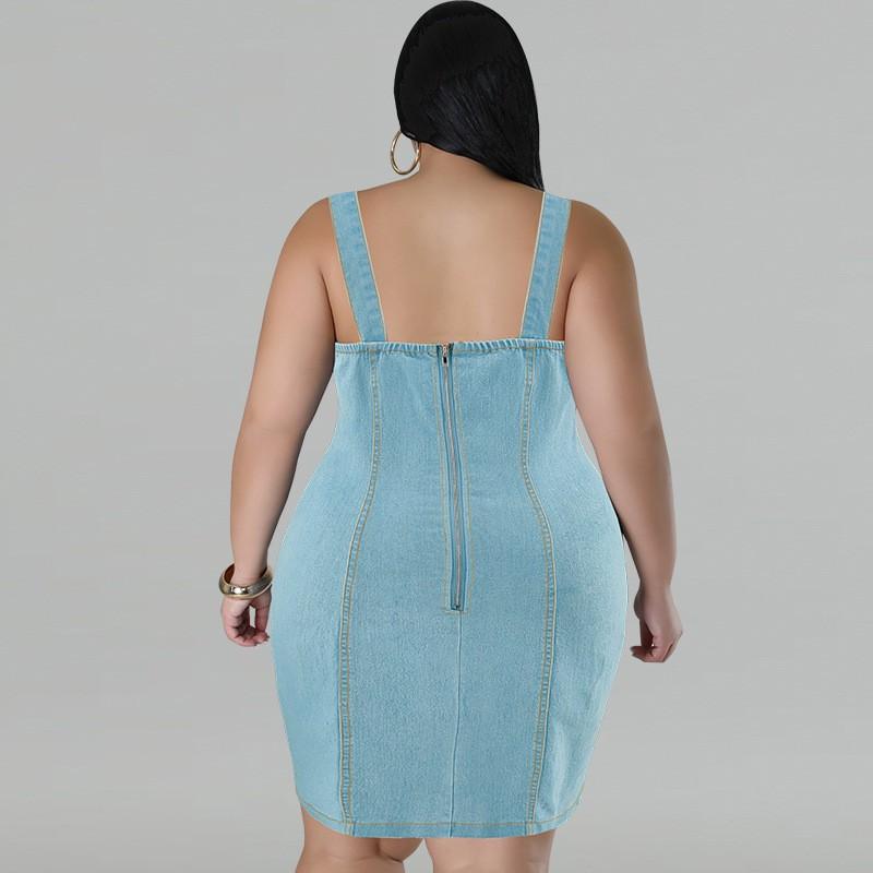 Plus Size Denim Sleeveless Mini Dress With Fringe Detail A-Line Outfit Women 1XL-5XL