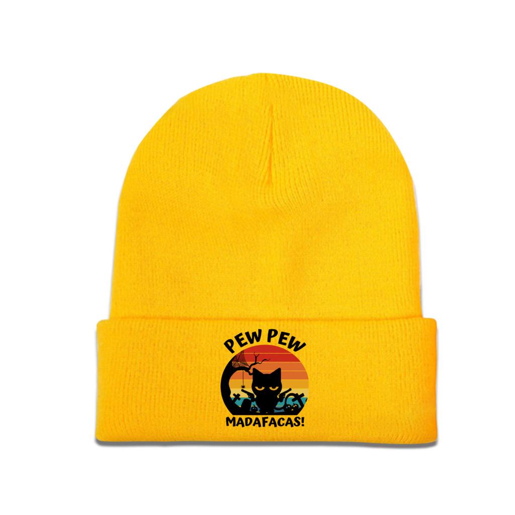 

Вязаная шапка Pew Pew Madafakas, шапка, осенне-зимние шапки, теплая шапка в стиле хип-хоп с котом и пистолетом, унисекс, женский подарок One Size