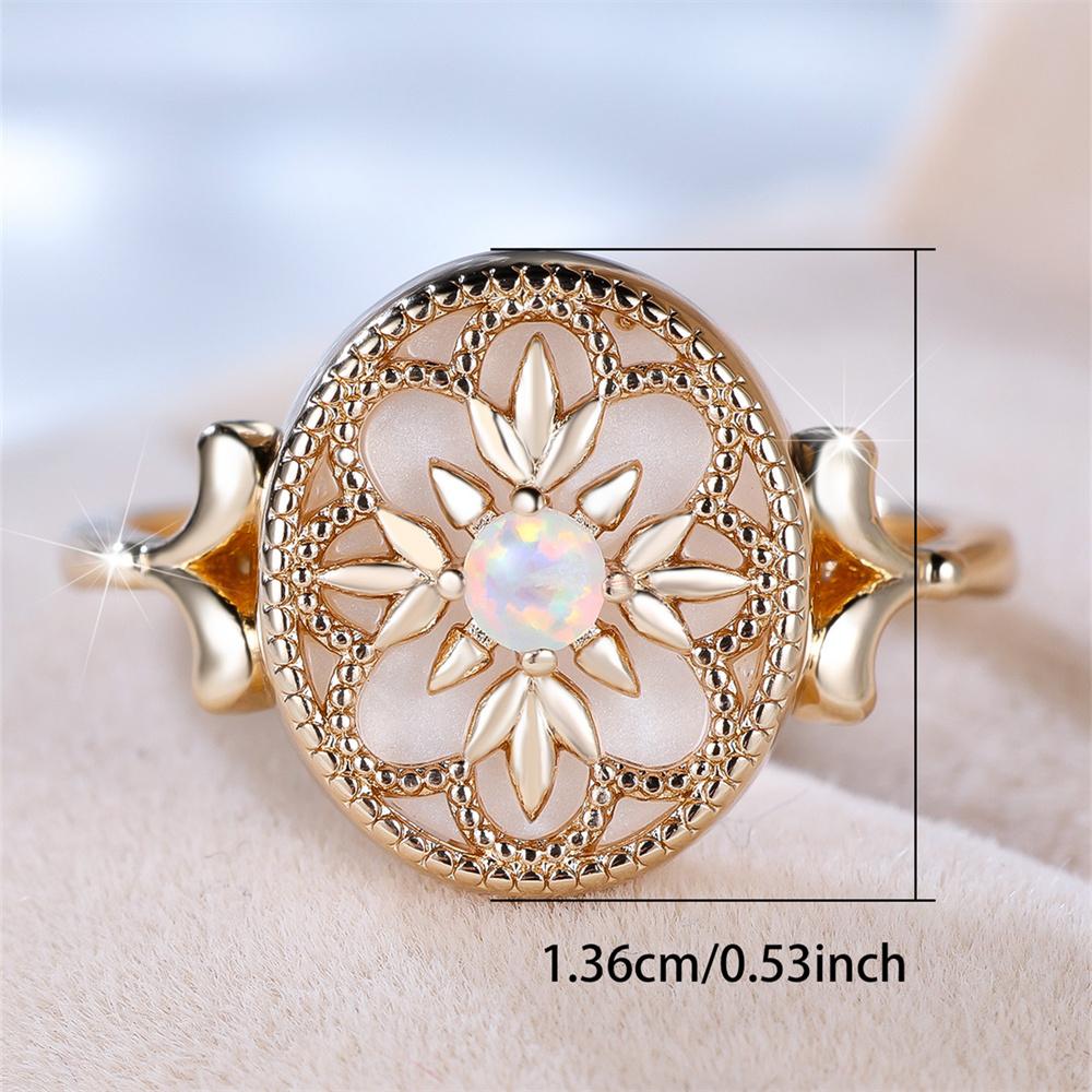 Trendige Blumen-Weißopal-Ringe mit runden Steinen für Damen, Vintage-Goldfarbe, Verlobungsringe, Hochzeits Schmuck, Vielseitige Brautgeschenke
