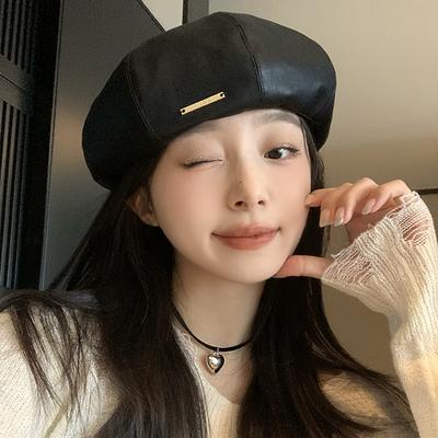 Pu Leather Beret Women's Autumn and Winter New Face Small Pumpkin Hat Literary and Retro Star Anise Painter Bud Hat