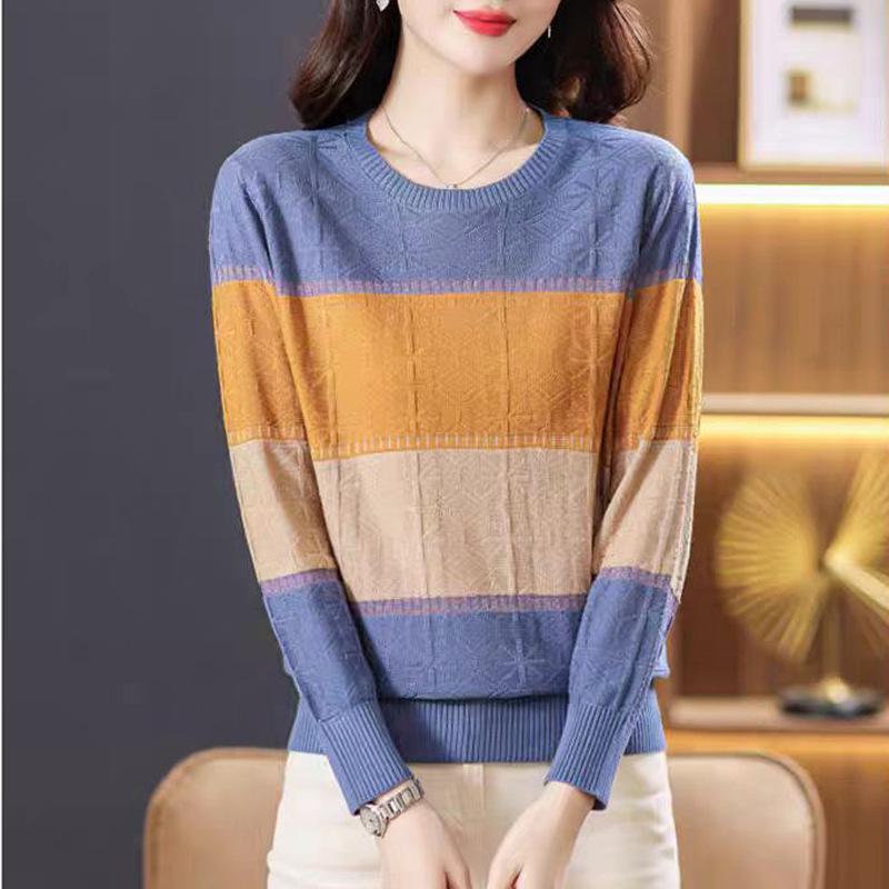 Striped Thin Knit Sweater Top Autumn Women's Color-blocked Crew Neck Pullover Sweater Women's Base Layer