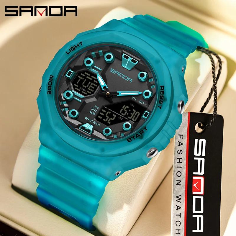 SANDA Military Men Sport Watch Stopwatch Alarm Countdown LED Light Digital Watches 50M Waterproof Dual-Display Quartz Wristwatch