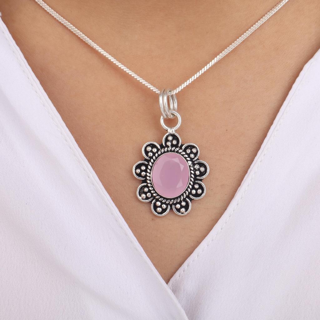 Rose Chalcedony Gemstone 925 Sterling Silver Jewelry Handmade Pendant 1.37" For Christmas Gift CP-40-18