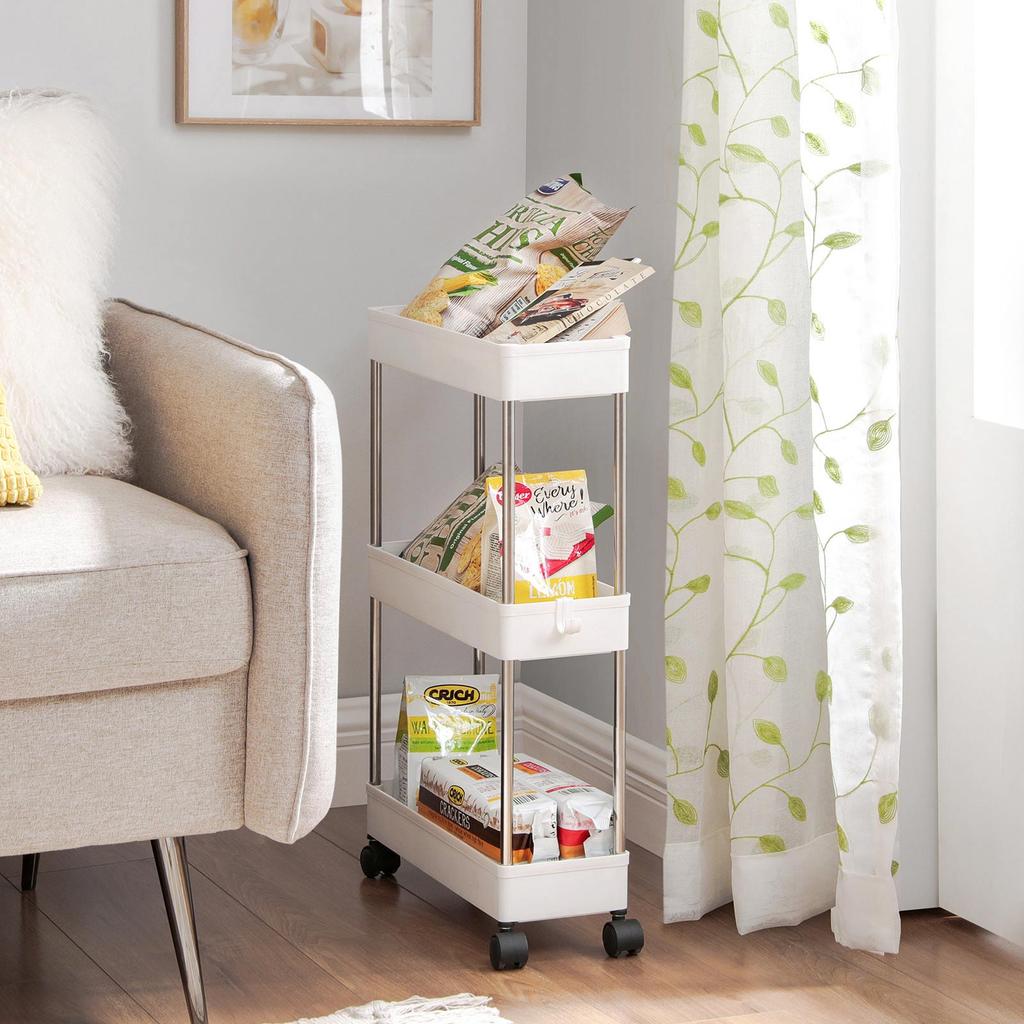 SONGMICS 3-Tier Storage Trolley, Kitchen Trolley on Wheels, Narrow Trolley for Kitchen Bathroom Office or Small Spaces, 42 x 13.5 x 61 cm, White