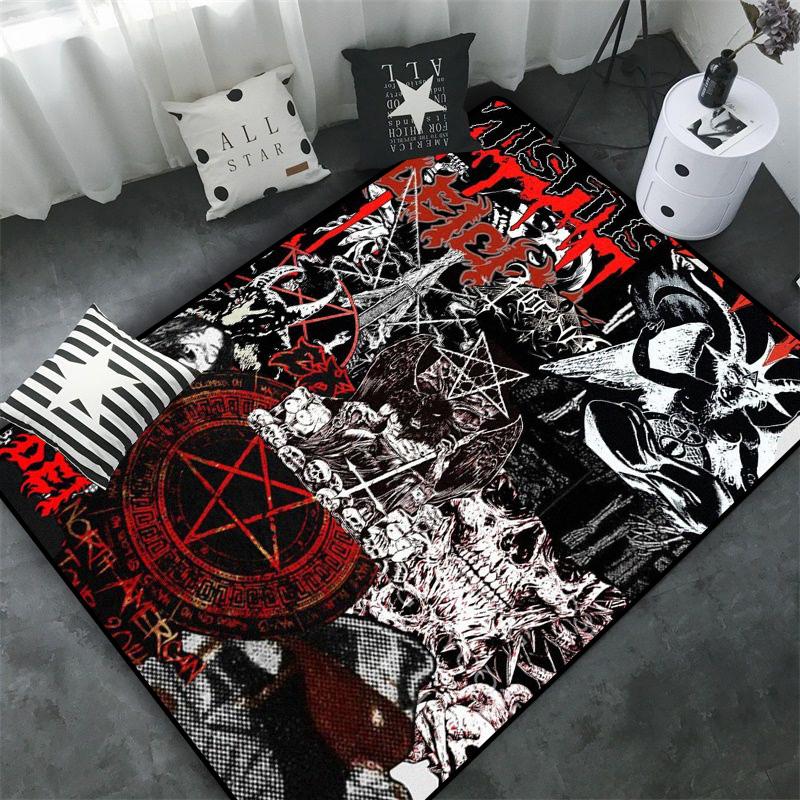 Schädel Baphomet Ziegen Dämon Raserei Bereichsteppich Blutrot-Baphomet Teppich-Baphomet Dekor-Satanische Matte-Satanische Heimdekoration