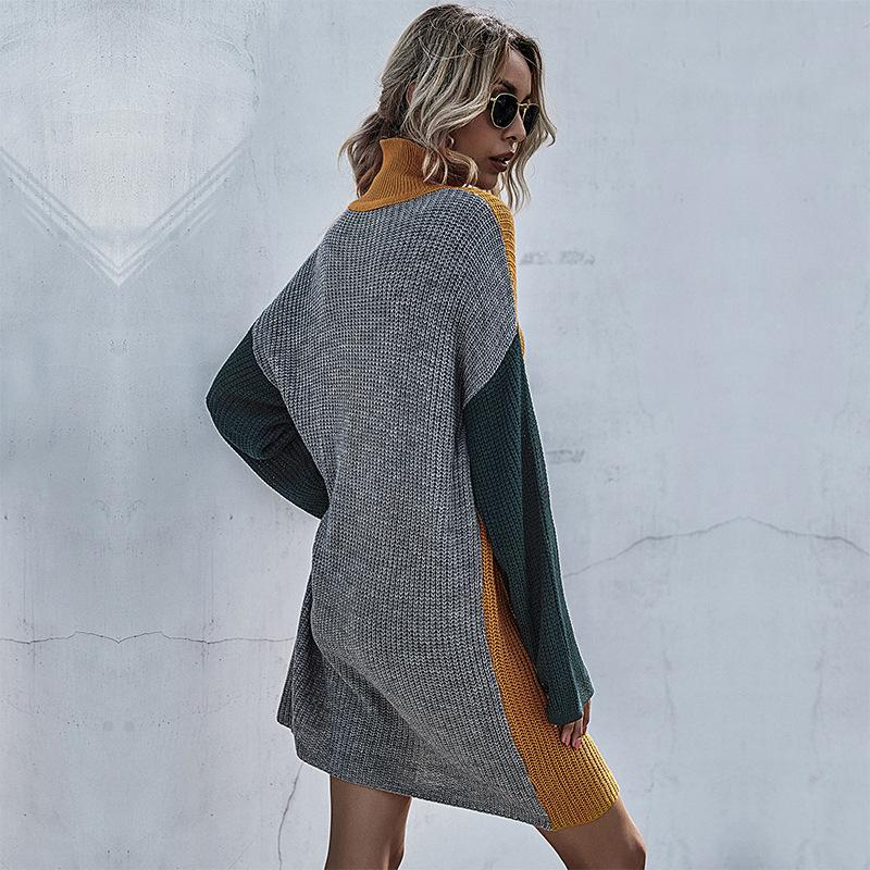 Casual Fashionable and Elegant Long-sleeved Knit Slim Colorblocking Sweater Dress Women's Long Section of The Hundred Kinds of Autumn and Winter