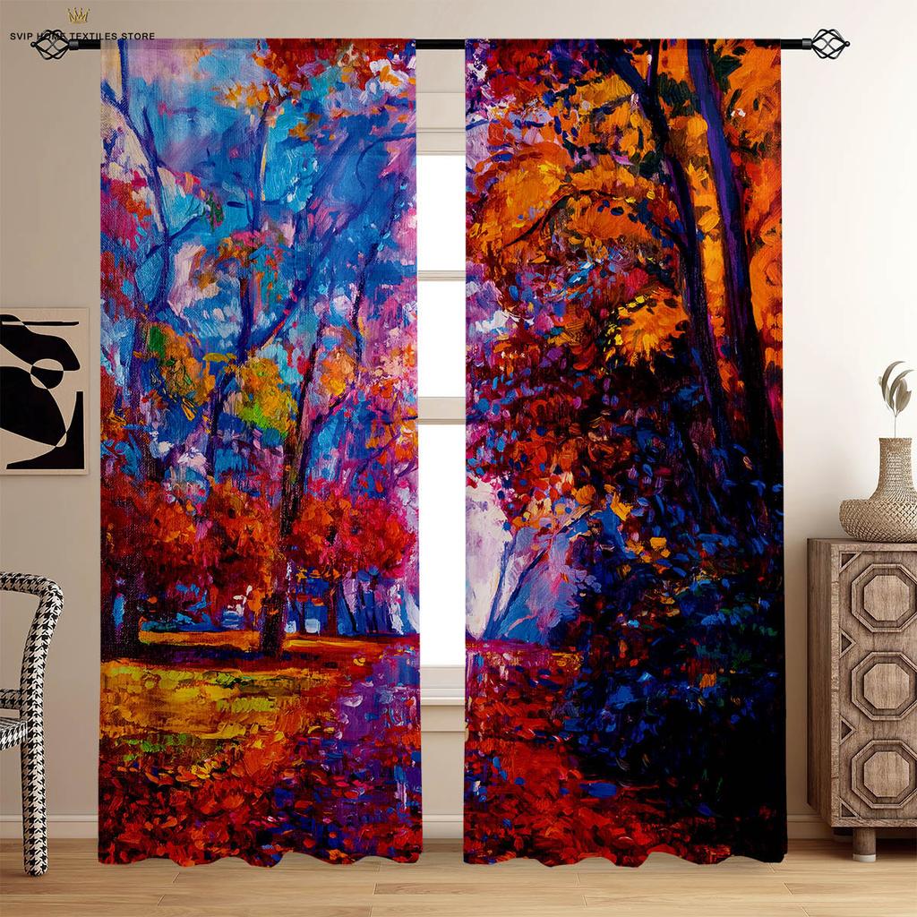 Starry Sky Floral Printed Curtains, Oil Painting, Suitable for Bedroom, Living Room, Dormitory, Decorative Home Decoration