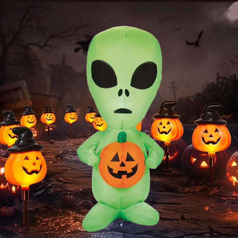 4FT Halloween Inflatable Toys Alien with Pumpkin Decorations LED Lighted Blow Up for Party Indoor Outdoor Garden Yard Decor