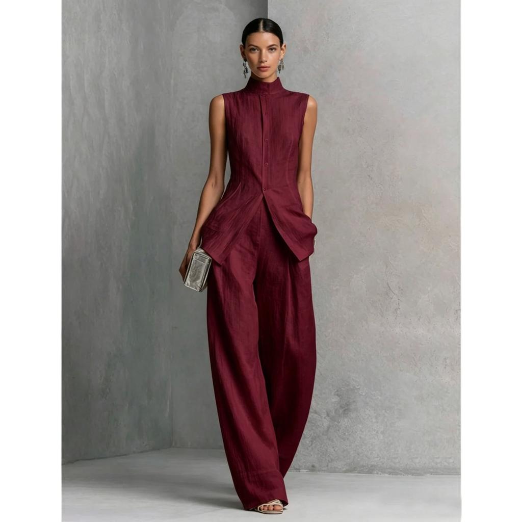 Completo Due Pezzi da Donna a Vestibilità Larga Top Blusa Senza Maniche con Collo Alto Pantaloni a Gamba Larga Vita Alta