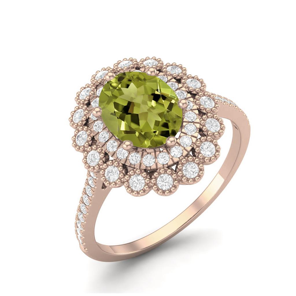 8X6mm Oval Peridot 925 Sterling Silver Rose Vermeil Solitaire Halo Floral Engagement Women Ring