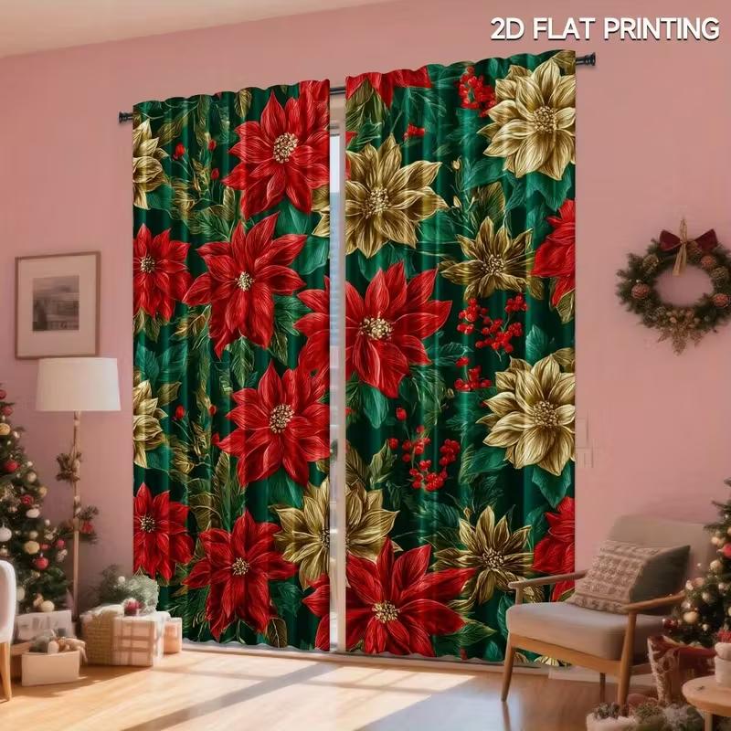 2pcs Poinsettia Christmas Curtains Elegant Design Polyester Window Decor for Holiday Bathroom Living Room Rod Pocket Curtains