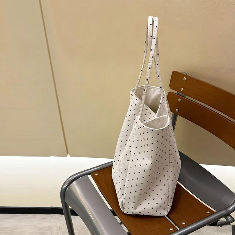 Women's Polka Dot Canvas Tote Bag Large Capacity Korean Style Casual Shoulder Bag Lightweight Student Handbag For School Commute