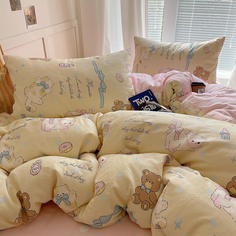 100% Pure Cotton Bed Four-piece Set Skin-friendly Water Wash Bed Sheet Quilt Cover Pillowcase Set