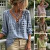 French Lace Trim Blouse Women Summer Casual Shirt, V Neck Up 3/4 Sleeve Blouse, Plaid Lightweight Breathable Shirt Print Loose Flowy Tops, Chiffon