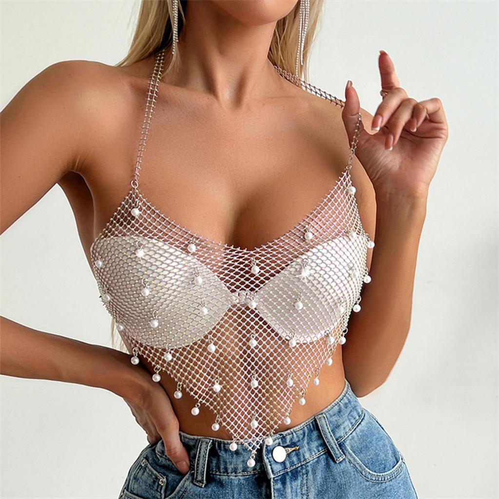 Sexy See Through Body Chain with Pearls Detailing Soft Skin Friendly Body Chain with Sexy Sheer Look and Pearls Decors