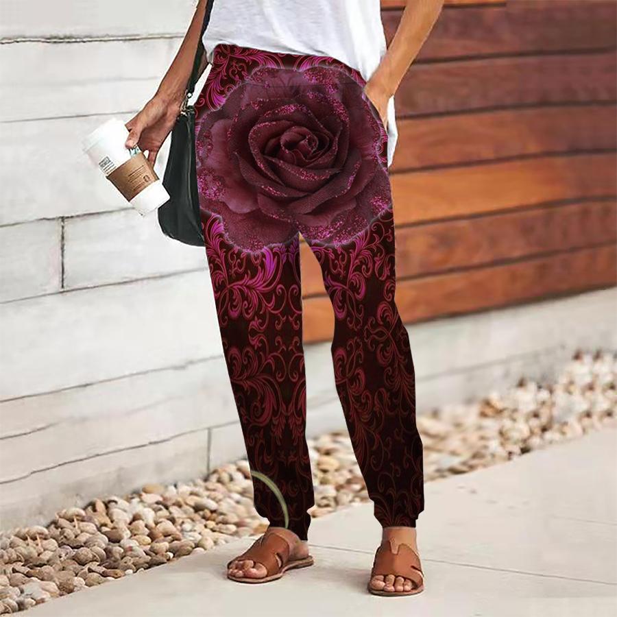 

Женские брюки с цветочным принтом на шнуровке, с эластичной талией, свободные брюки, повседневные длинные брюки, брюки с карманами 8XL красный