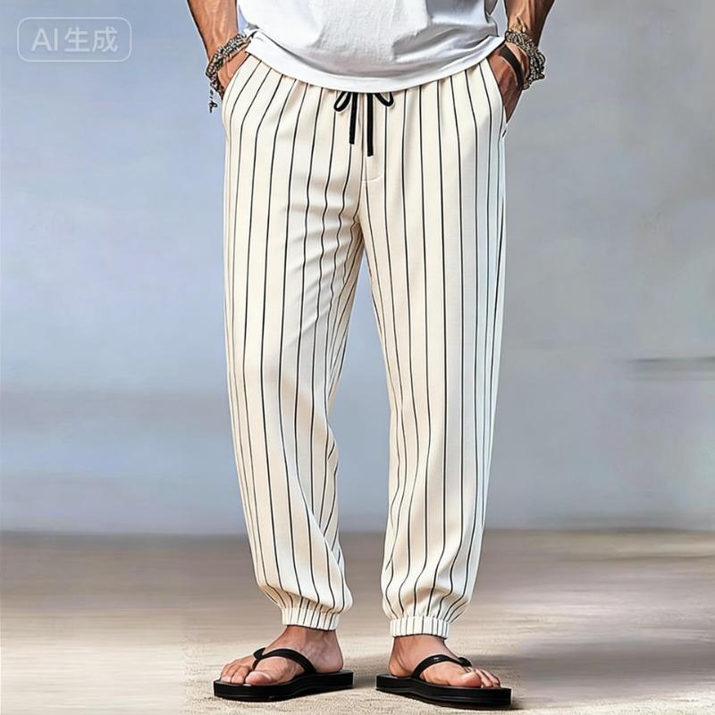 Mens Striped Drawstring Waist Jogger Pants Casual Trousers S белый