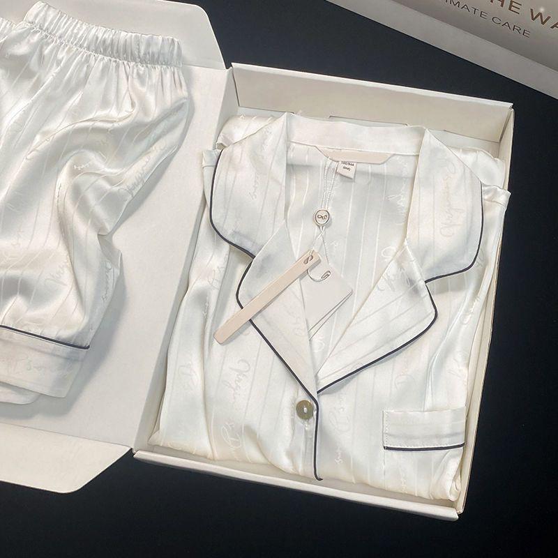 "Jarní luxusní pár pyžamový set z ledového hedvábí - top s dlouhým rukávem a žakárové kalhoty"