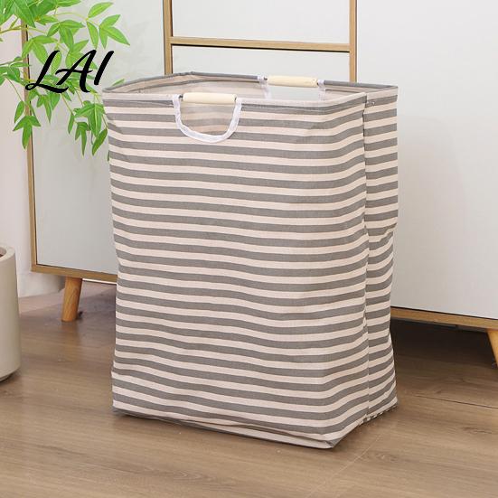 Cotton And Linen Laundry Organizer Basket with Wooden Handles Large Space Saving Bag Basket Storage Foldable for Families Collapsible Hamper