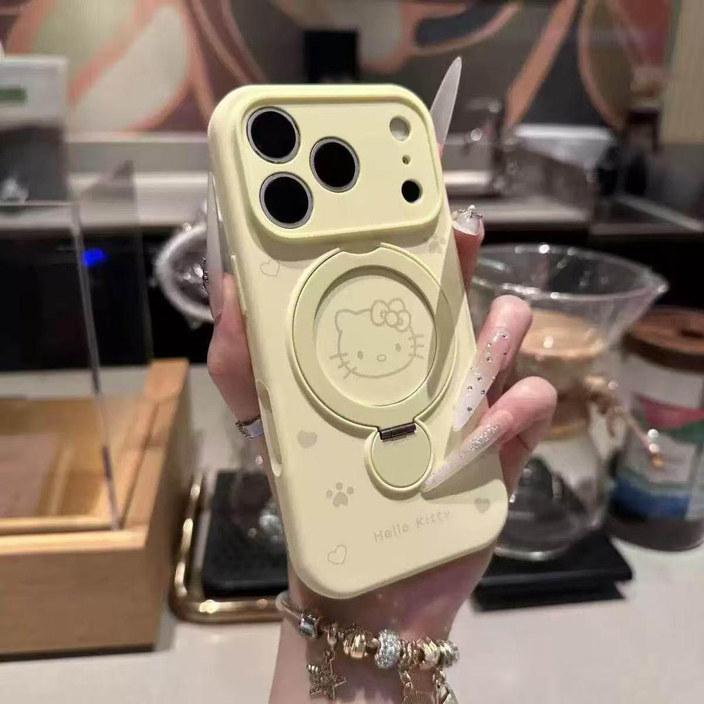 Magnetic Liquid Silicone Case for Apple 17 Pro - KT Cat Cartoon with Bracket Protective Cover