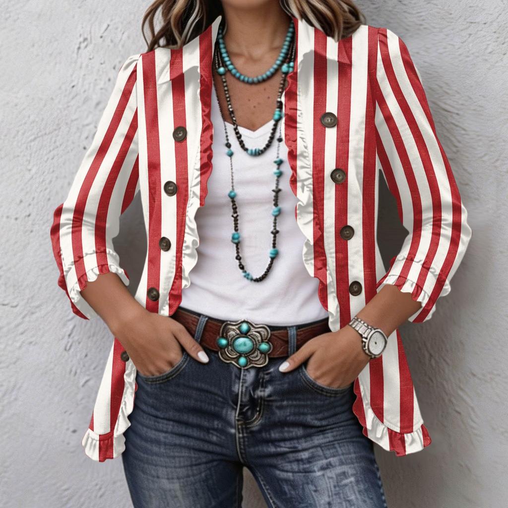Damen Casual Vertikal Gestreift Print Langarm Rüschen Knopfleiste Hemd Jacke für den Alltag
