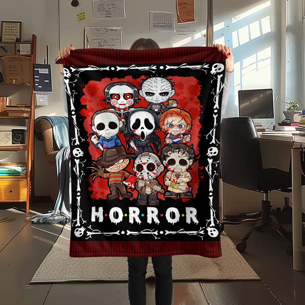 1PC Chibi Chucky Freddy Krueger Print Flannel Blanket, High quality All Seasons, Home Decor, Warmth and Comfort, Perfect for Christmas Gifts