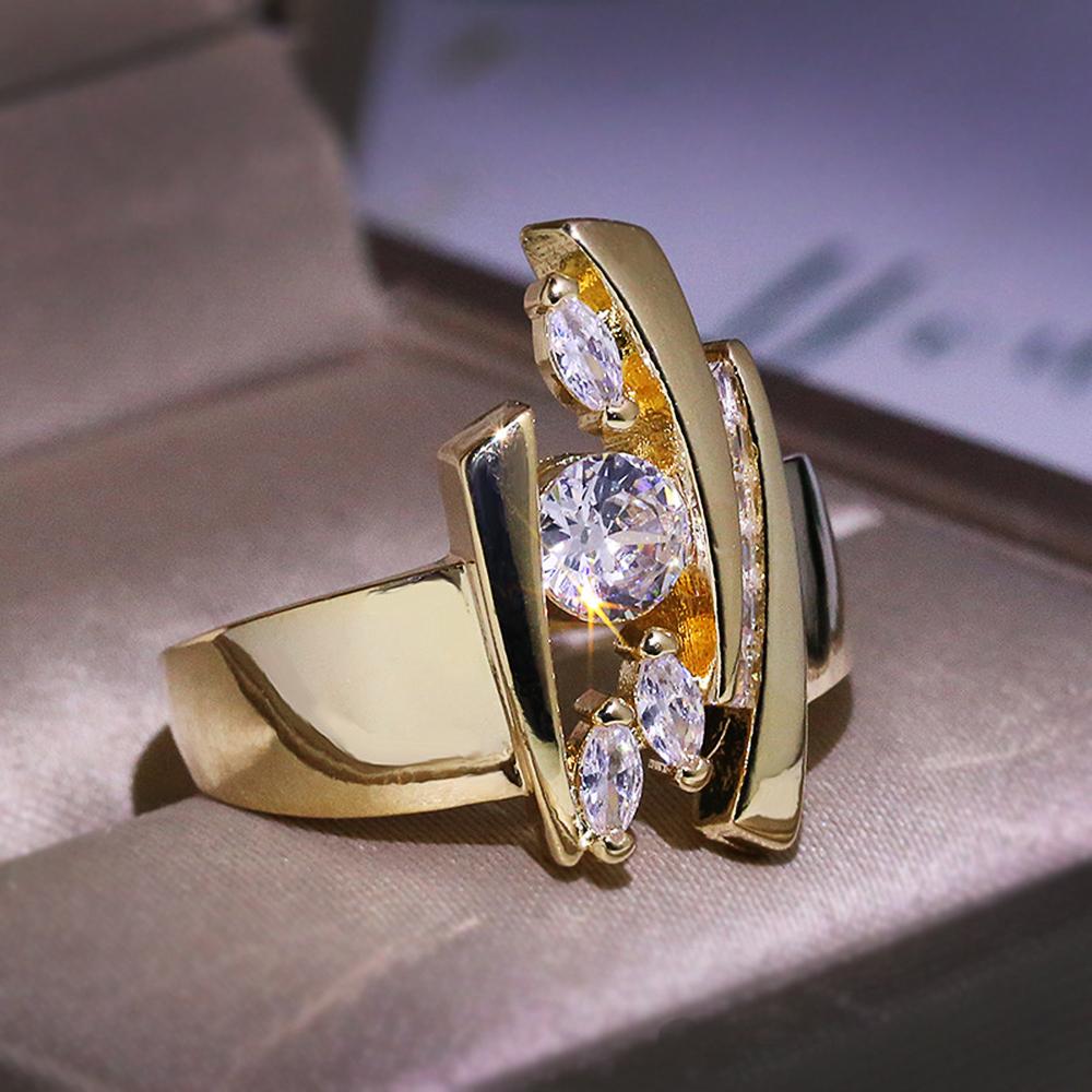 Luxury Gold Color Geometric Shape Women Rings Hiphop Party Stylish Female Finger Rings Dazzling CZ Lady's Fashion Jewelry